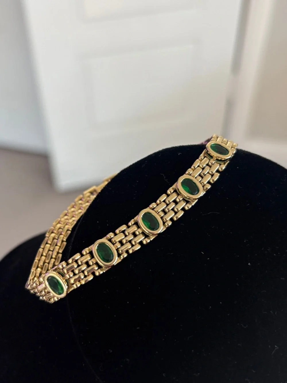 Gold Tone Bracelet with Green Oval Stones